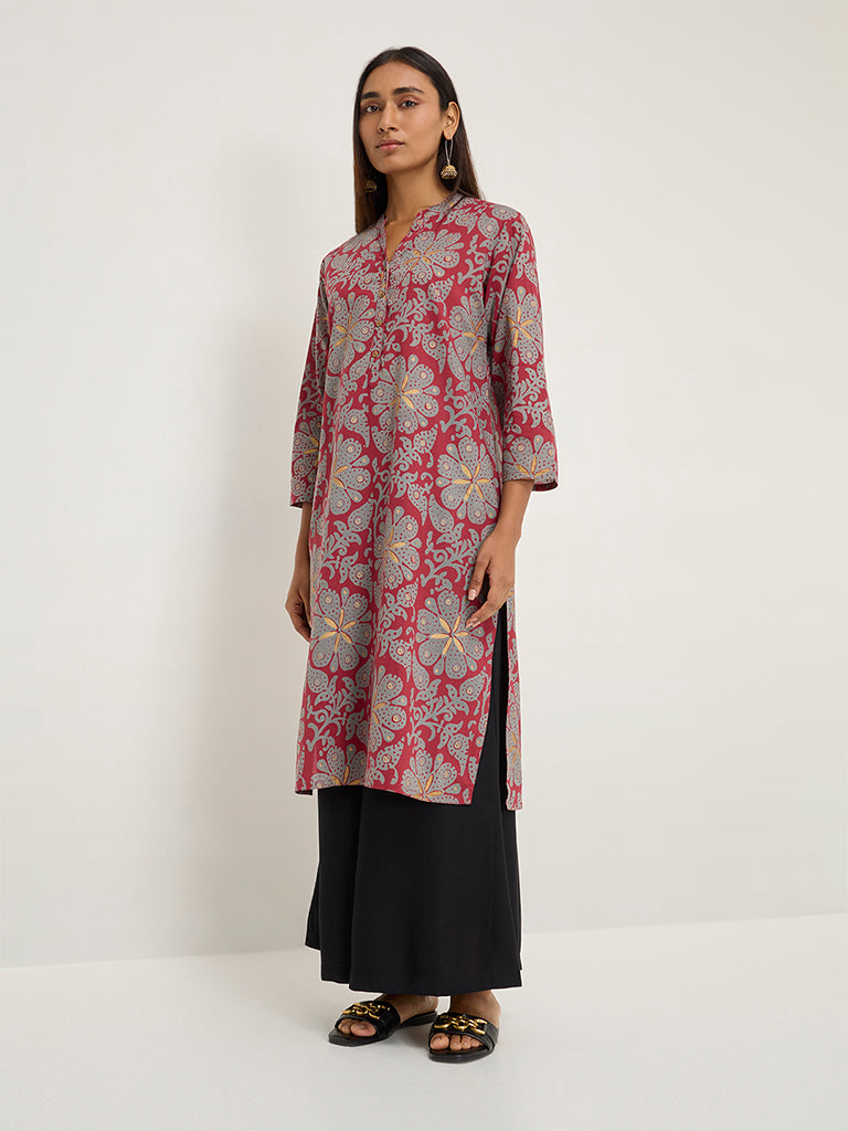 Utsa Maroon Botanical Printed Straight Cotton Kurta