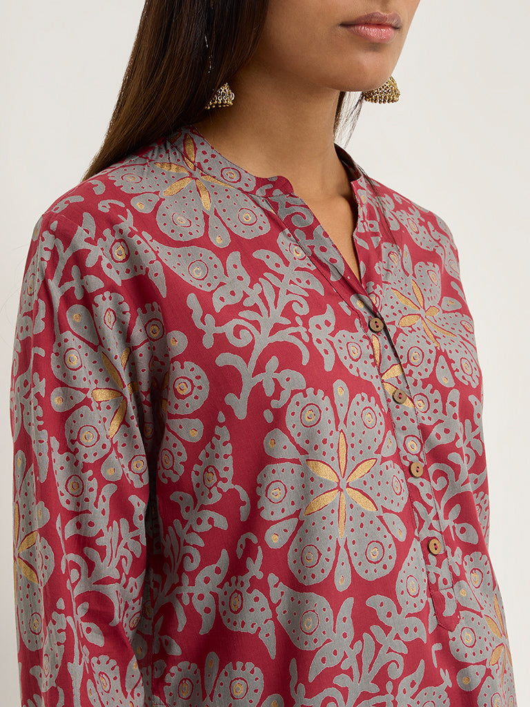 Utsa Maroon Botanical Printed Straight Cotton Kurta