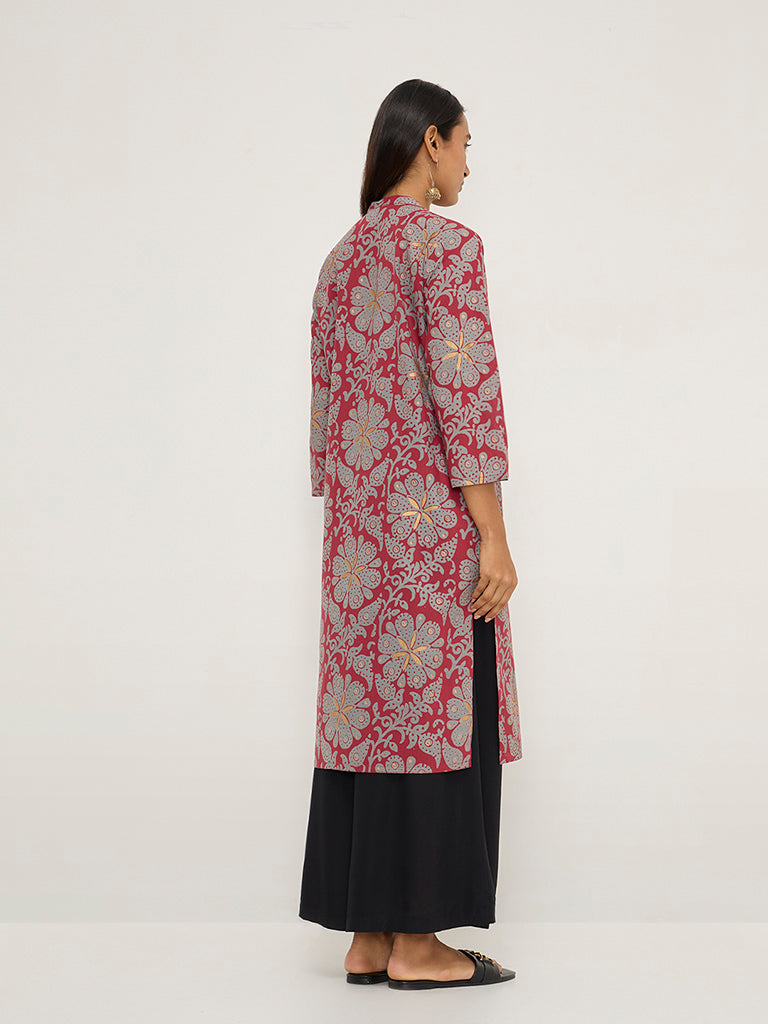 Utsa Maroon Botanical Printed Straight Cotton Kurta