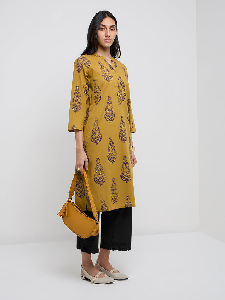 Buy Utsa Mustard Long Buta Print A-Line Cotton Kurta from Westside