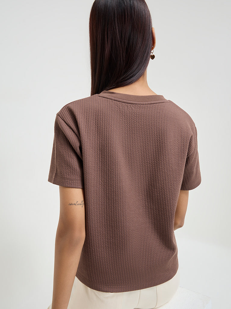 Westside Studiofit Women's Brown Ribbed Top for Sports Wear Back View