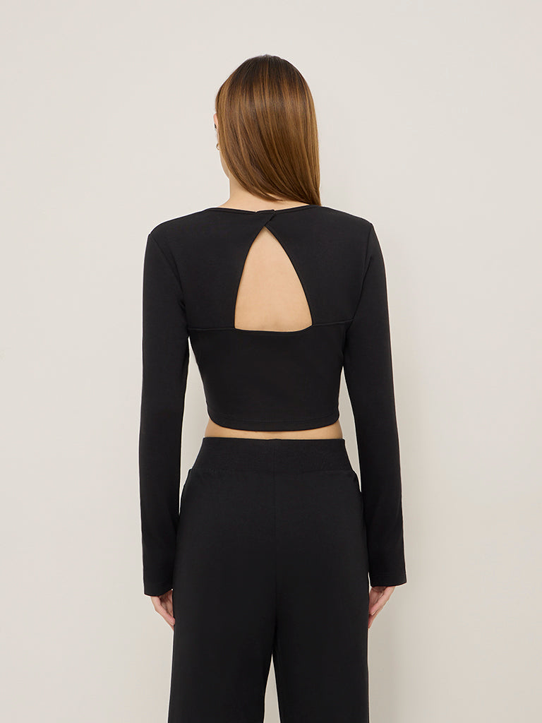 Westside Studiofit Women's Black Cut-Out Design Cotton-Blend Top for Sports Wear Back View