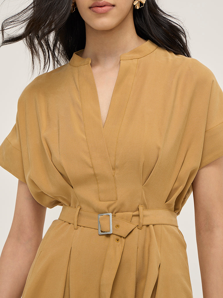 LOV Mustard Solid A-Line Dress with Belt