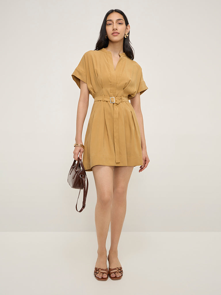 LOV Mustard Solid A-Line Dress with Belt