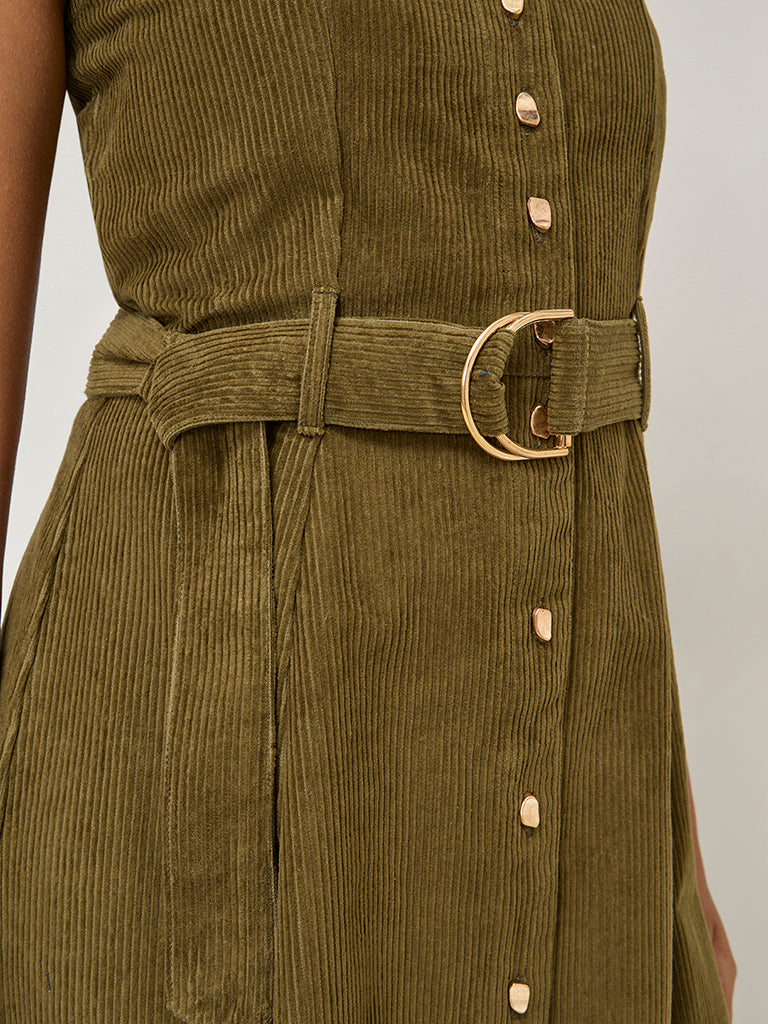 LOV Olive A-Line Denim Dress with Belt