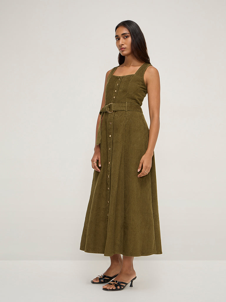 LOV Olive A-Line Denim Dress with Belt