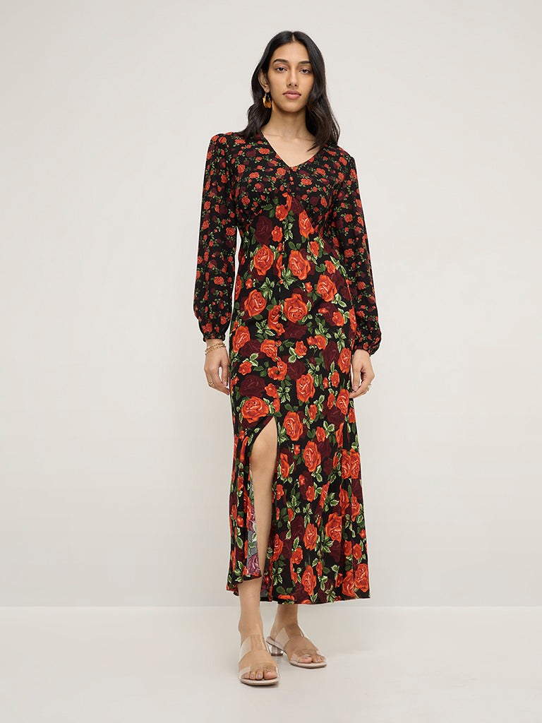 Buy LOV Black Floral Design A-Line Dress from Westside