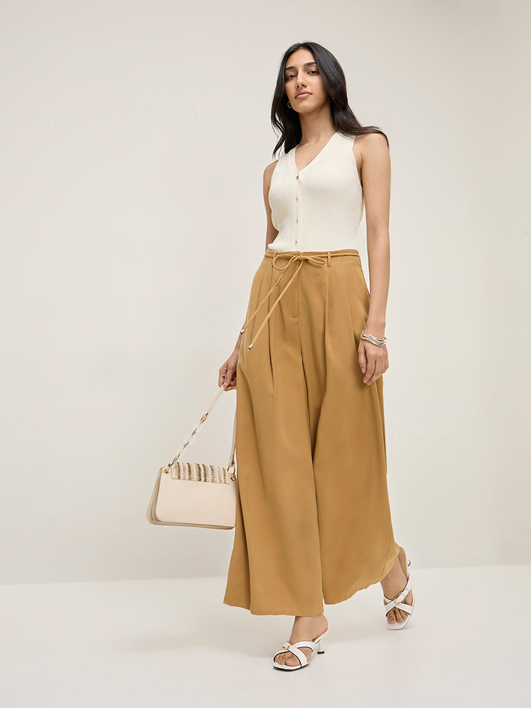 LOV Mustard High-Rise Wide-Leg Trousers with Belt