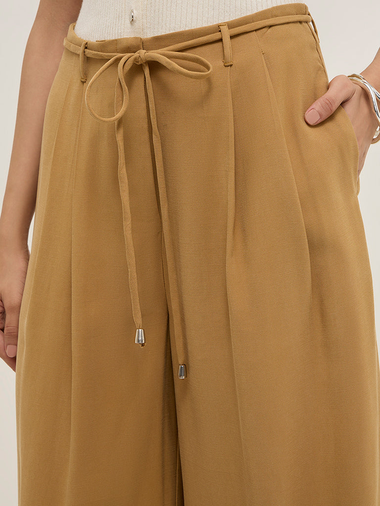 LOV Mustard High-Rise Wide-Leg Trousers with Belt