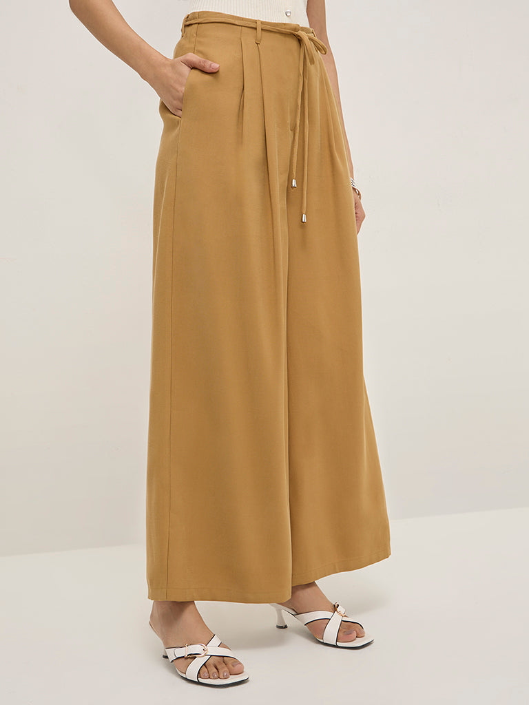 LOV Mustard High-Rise Wide-Leg Trousers with Belt