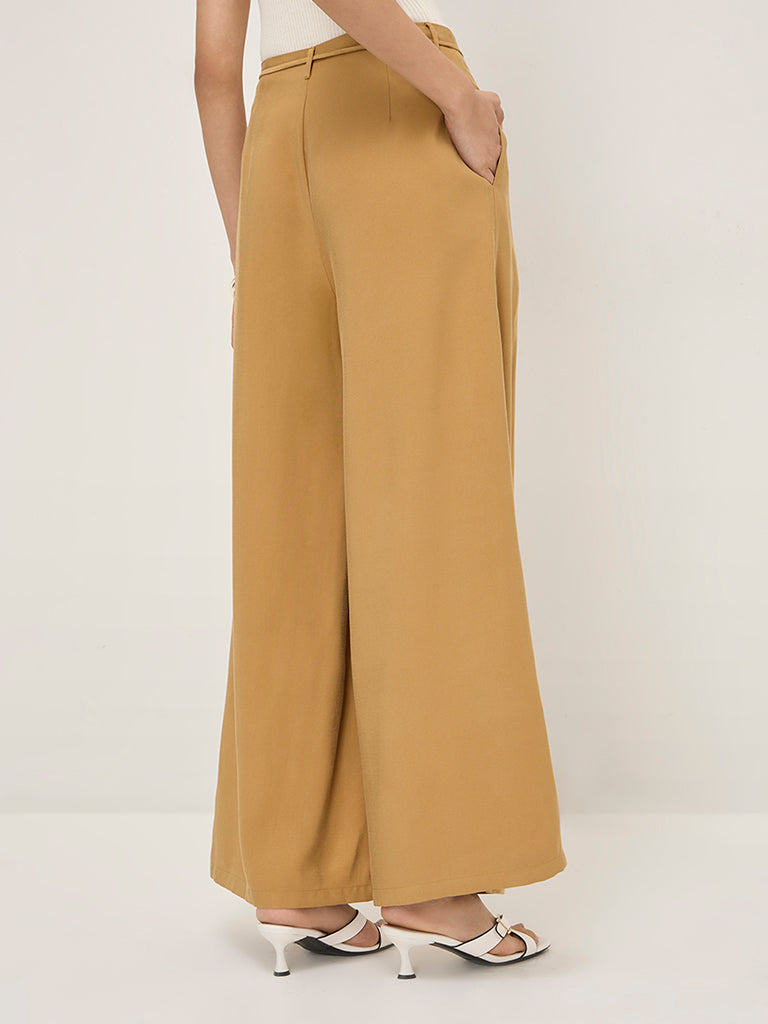 LOV Mustard High-Rise Wide-Leg Trousers with Belt