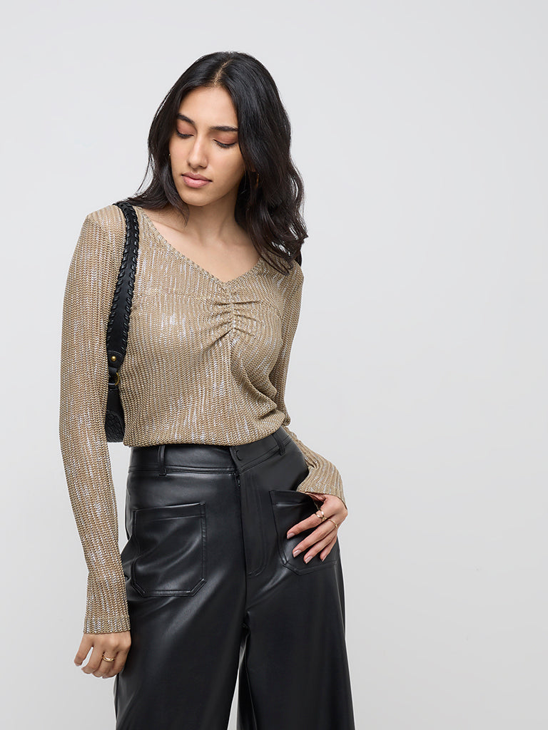 LOV Olive Chevron Textured Cotton-Blend Top