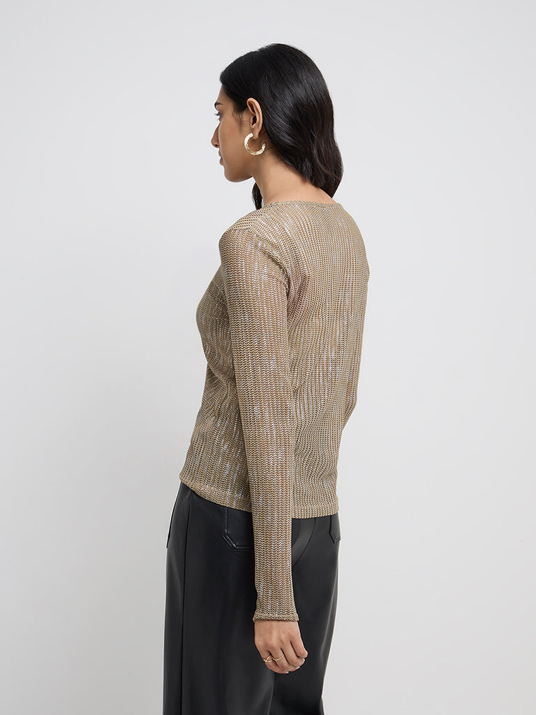 LOV Olive Chevron Textured Cotton-Blend Top