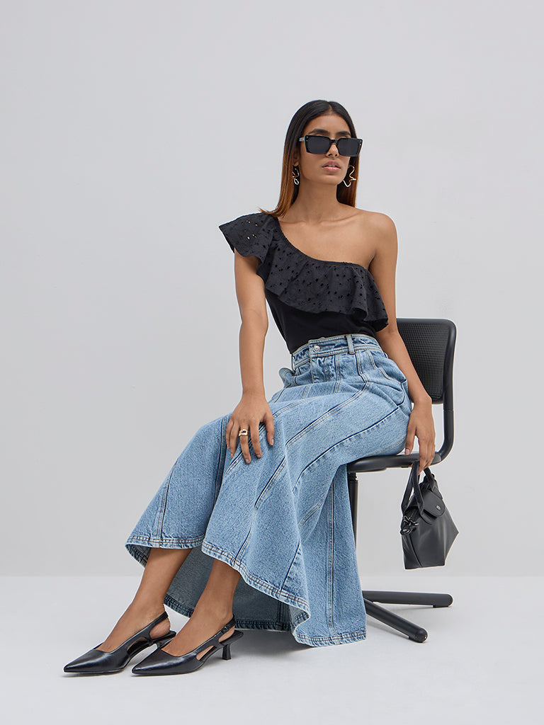 LOV Black Schiffli Design Ruffled Cotton Top