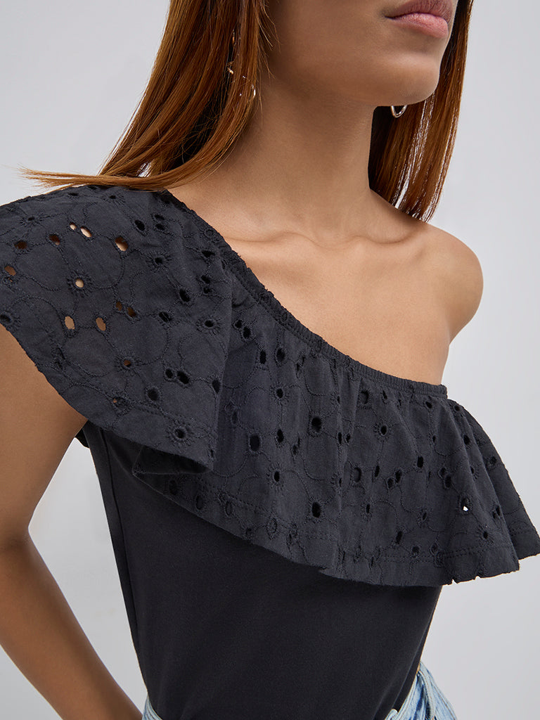 LOV Black Schiffli Design Ruffled Cotton Top