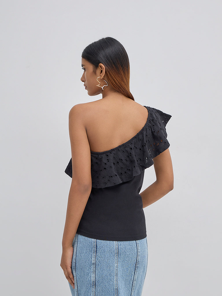 LOV Black Schiffli Design Ruffled Cotton Top