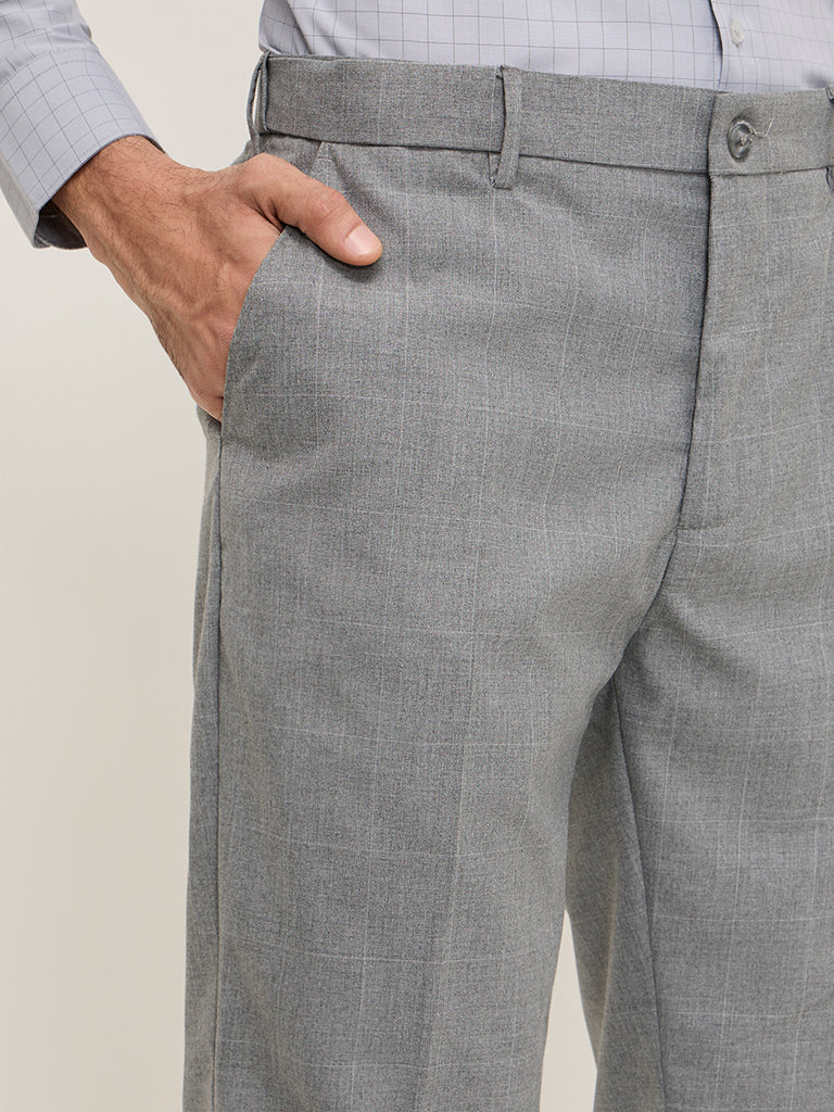 WES Formals Grey Checkered Relaxed-Fit Mid-Rise Trousers