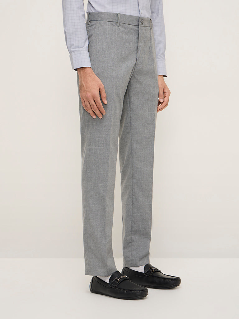 WES Formals Grey Checkered Relaxed-Fit Mid-Rise Trousers