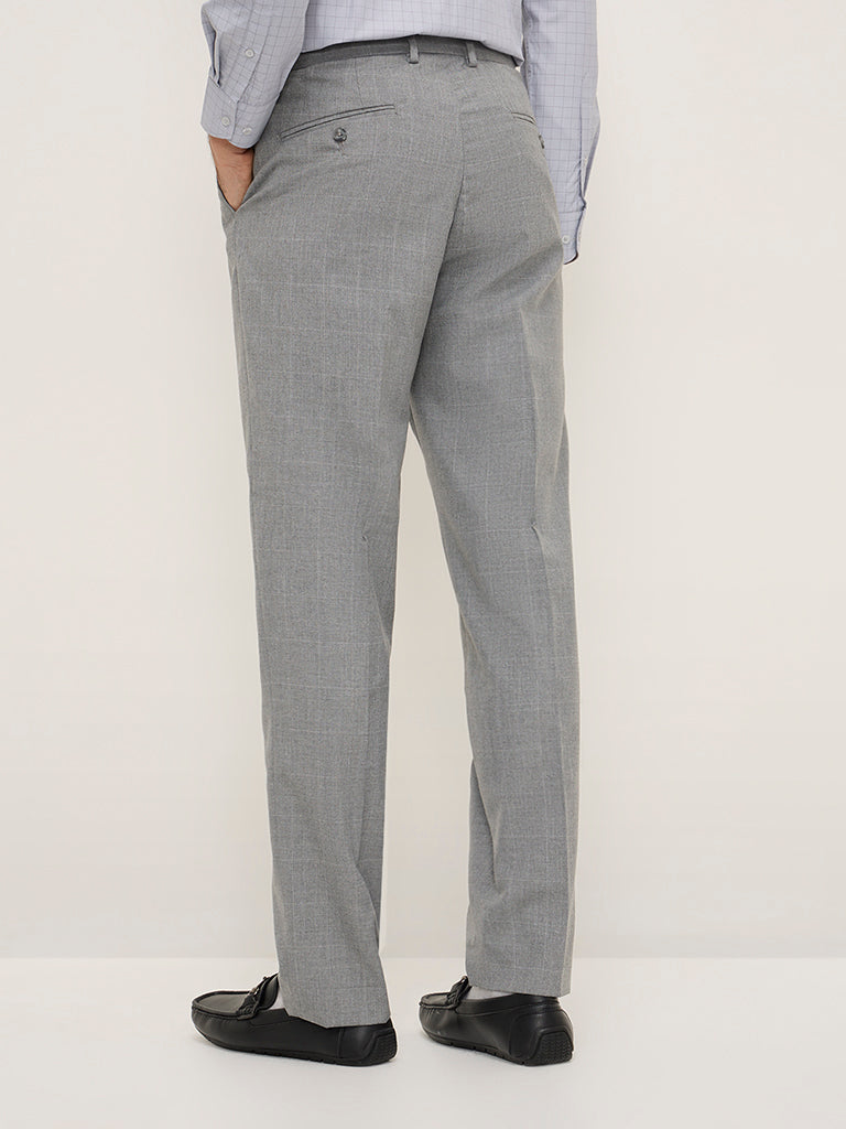 WES Formals Grey Checkered Relaxed-Fit Mid-Rise Trousers