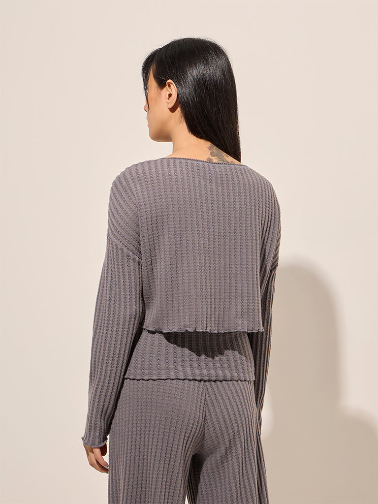 Westside Superstar Women's Grey Self-Striped Top for Casual Wear Casual Wear Back View