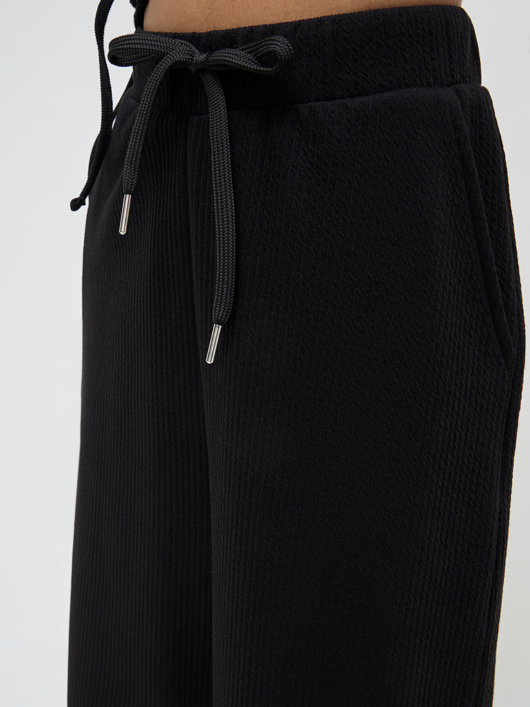 Studiofit Black Ribbed High-Rise Track Pants