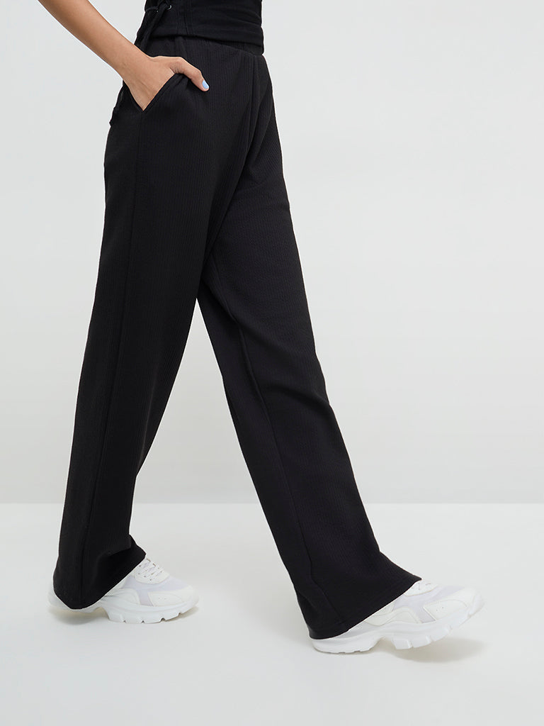 Studiofit Black Ribbed High-Rise Track Pants