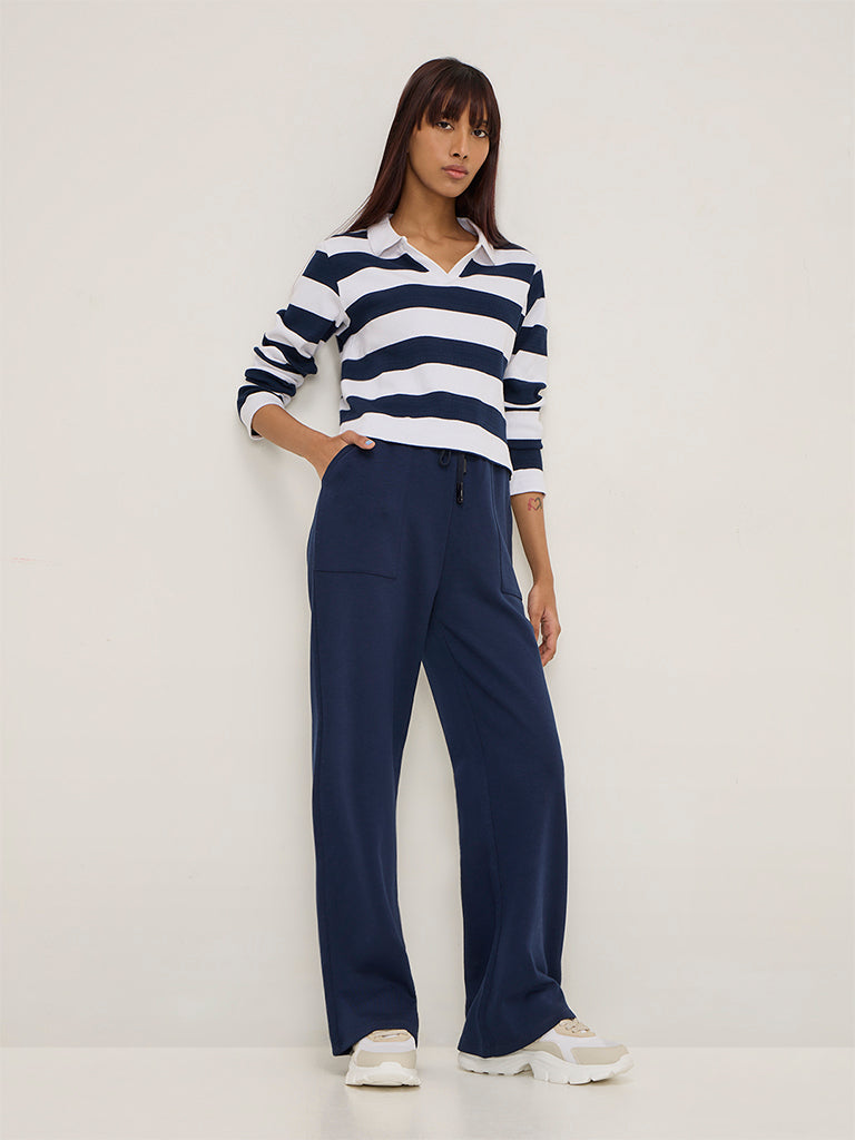 Studiofit Navy Striped Ribbed Cotton-Blend T-Shirt