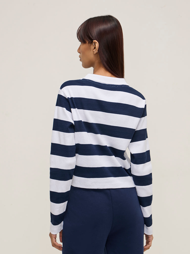 Studiofit Navy Striped Ribbed Cotton-Blend T-Shirt