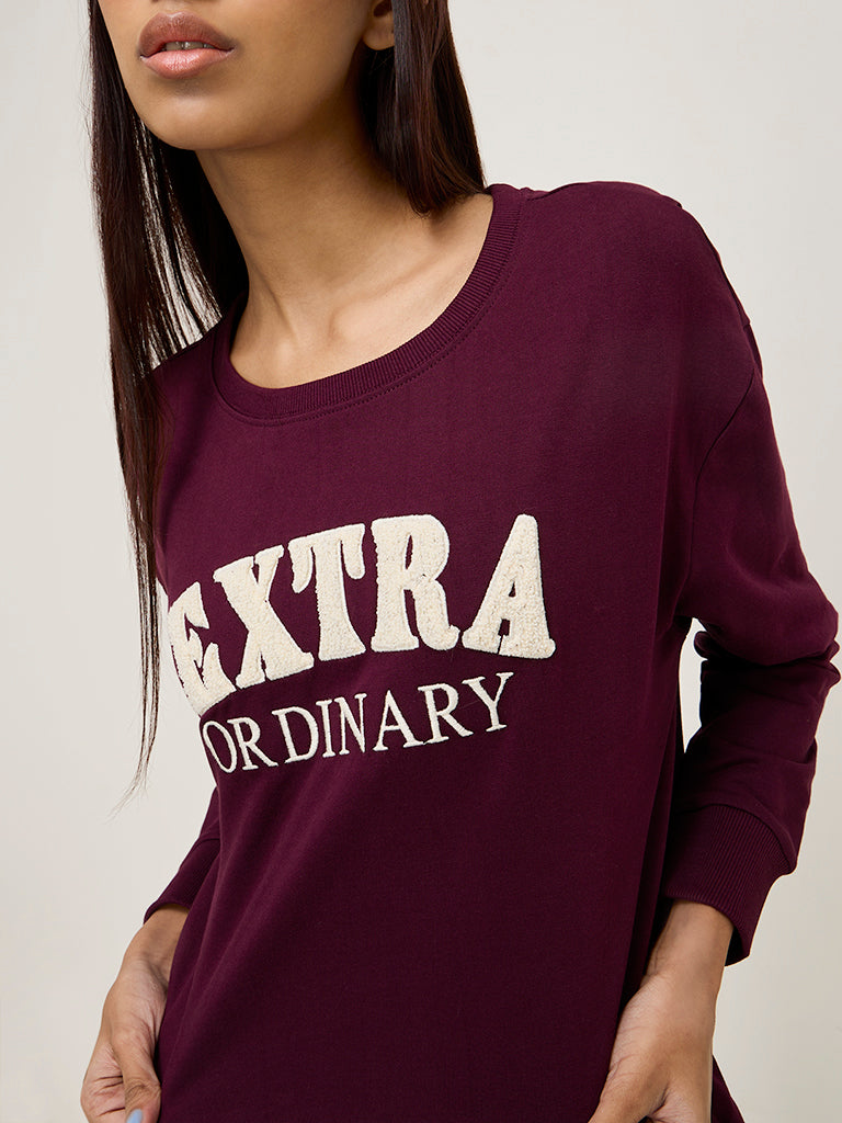 Studiofit Wine Text Embroidered Cotton Sweatshirt
