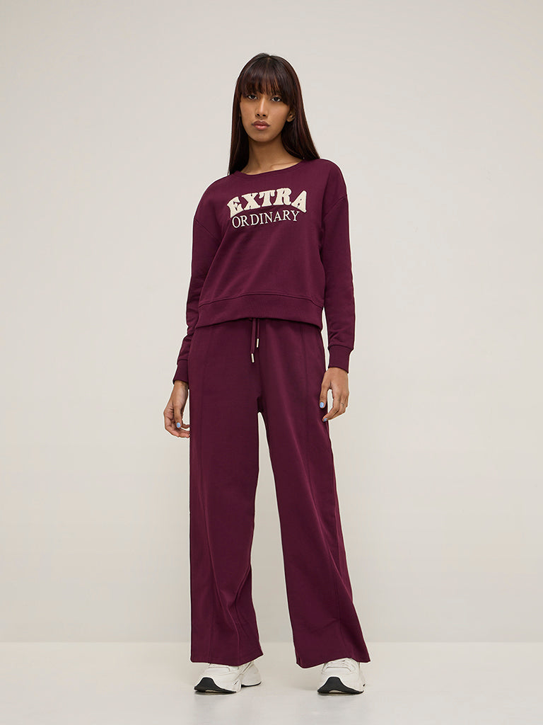 Studiofit Wine Text Embroidered Cotton Sweatshirt