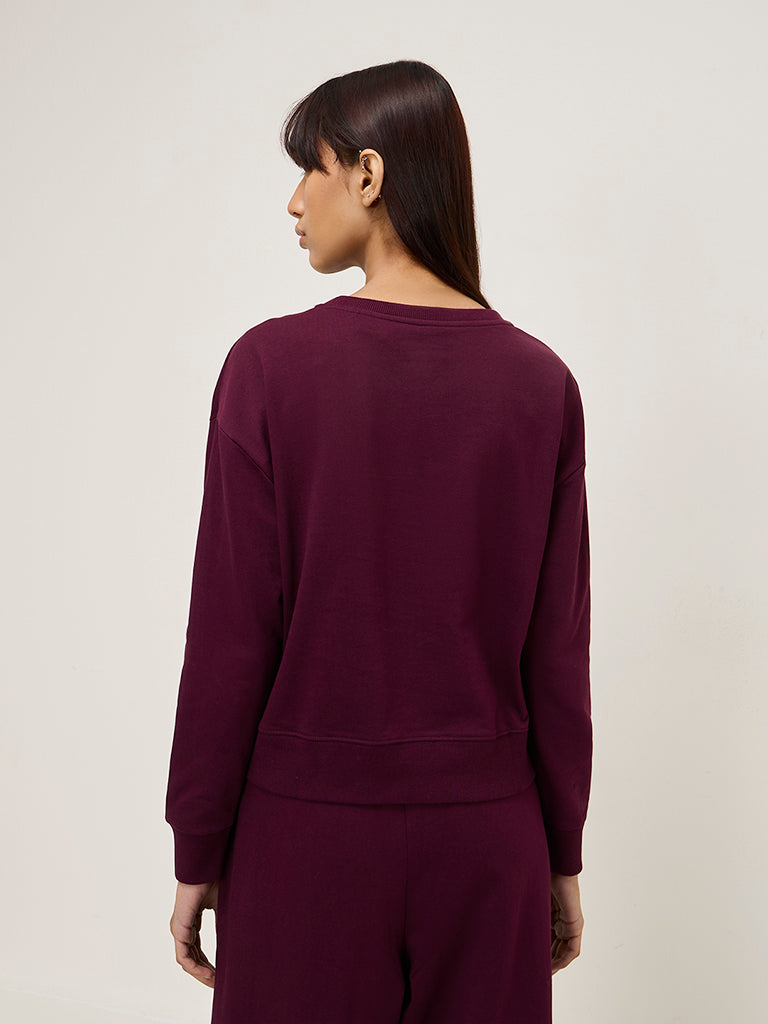Studiofit Wine Text Embroidered Cotton Sweatshirt