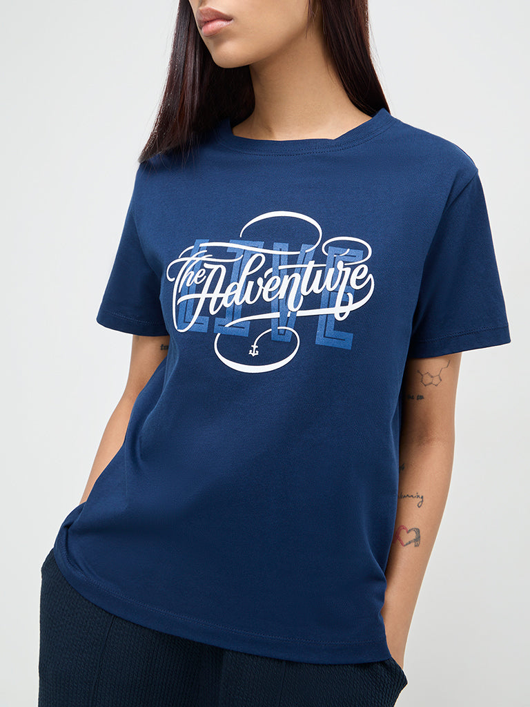 Studiofit Navy Blue Text Printed Cotton T-Shirt