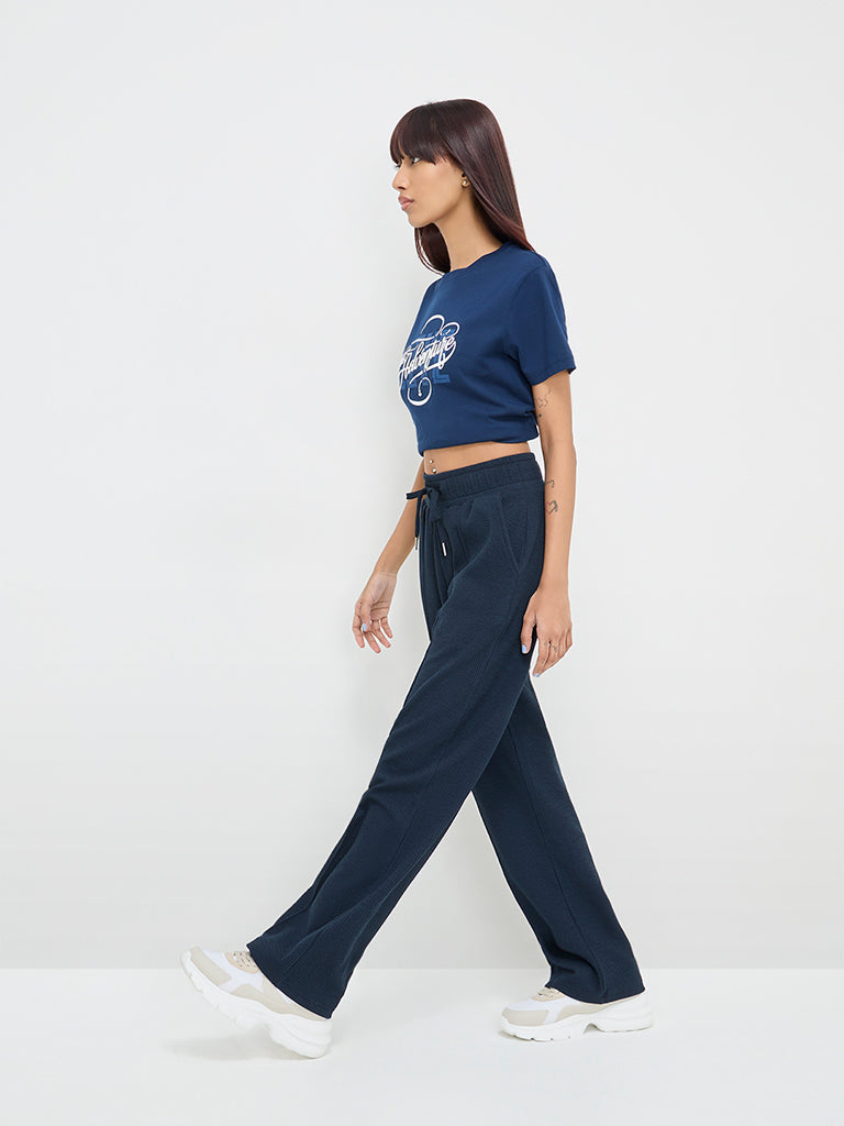 Studiofit Navy Blue Text Printed Cotton T-Shirt