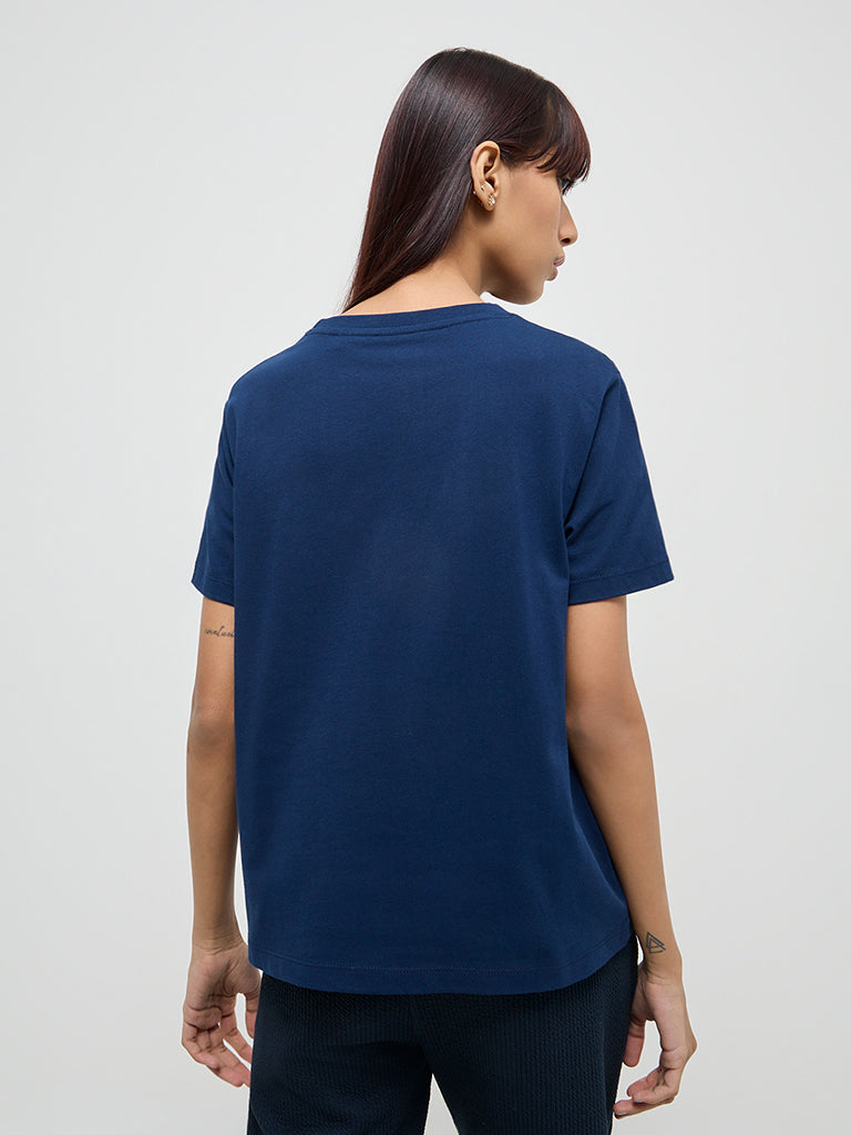 Studiofit Navy Blue Text Printed Cotton T-Shirt