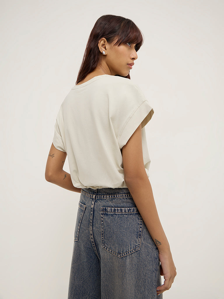 Nuon Off-White Text Design Cotton-Blend Top