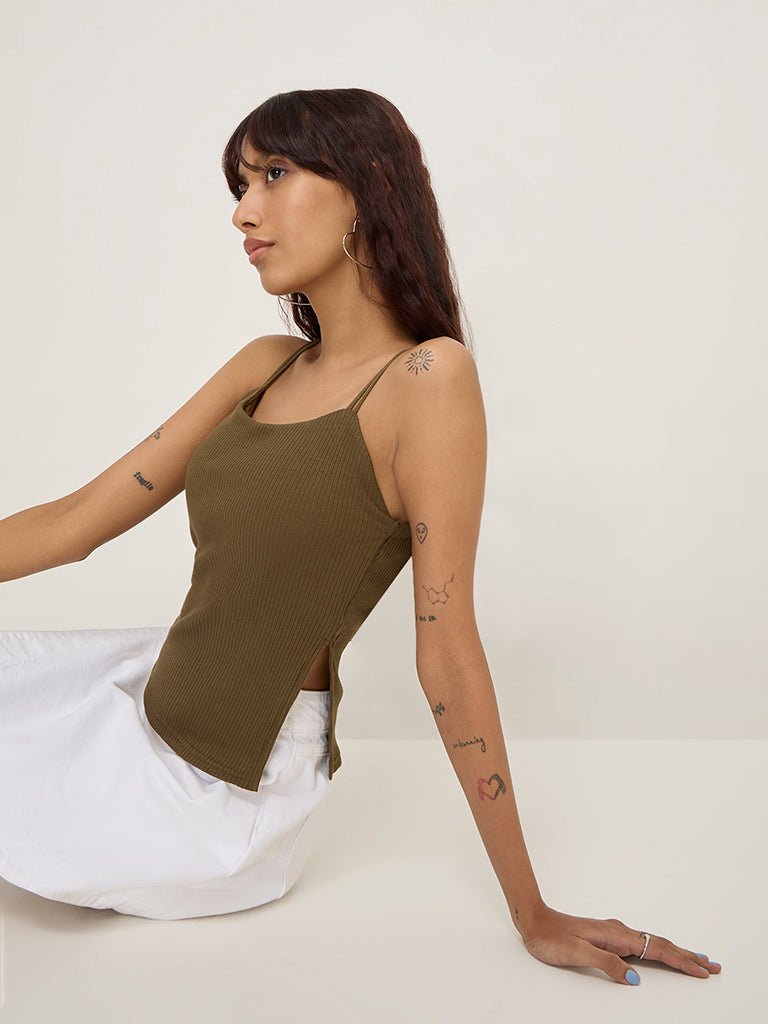 Nuon Olive Ribbed Textured Cotton-Blend Top