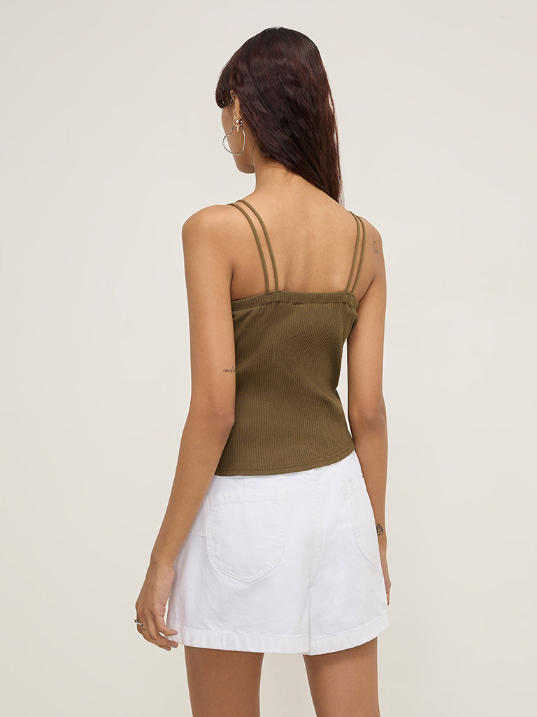 Nuon Olive Ribbed Textured Cotton-Blend Top
