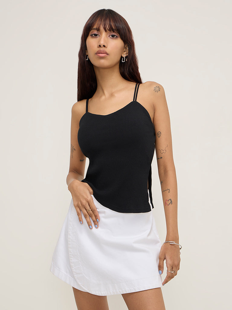 Nuon Black Ribbed Textured Cotton-Blend Top