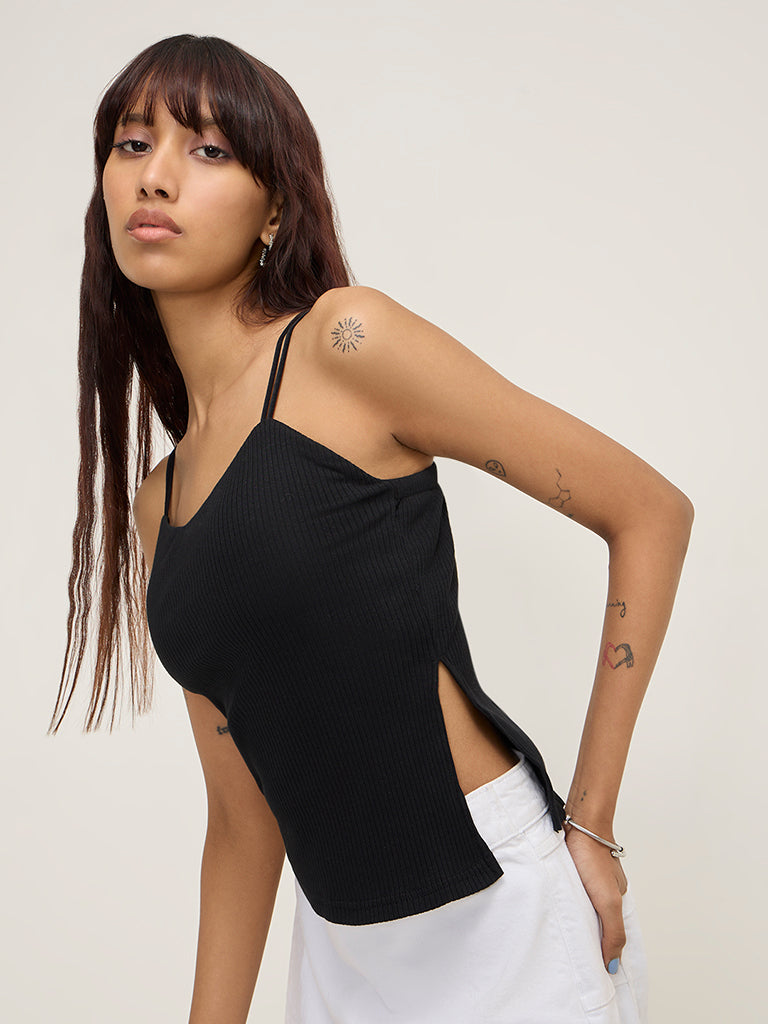 Nuon Black Ribbed Textured Cotton-Blend Top
