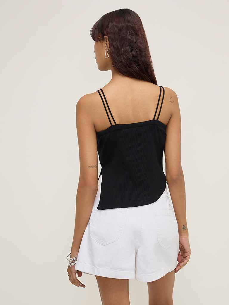 Nuon Black Ribbed Textured Cotton-Blend Top