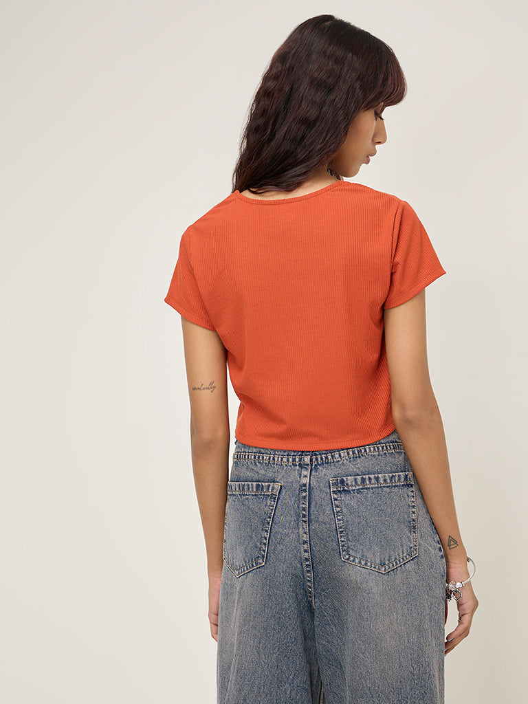 Nuon Rust Ribbed Textured Cotton-Blend Top