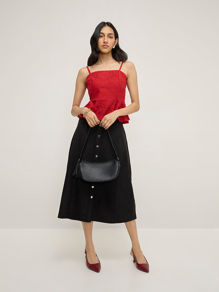 LOV Red Lace Design Peplum Cotton-Blend Top