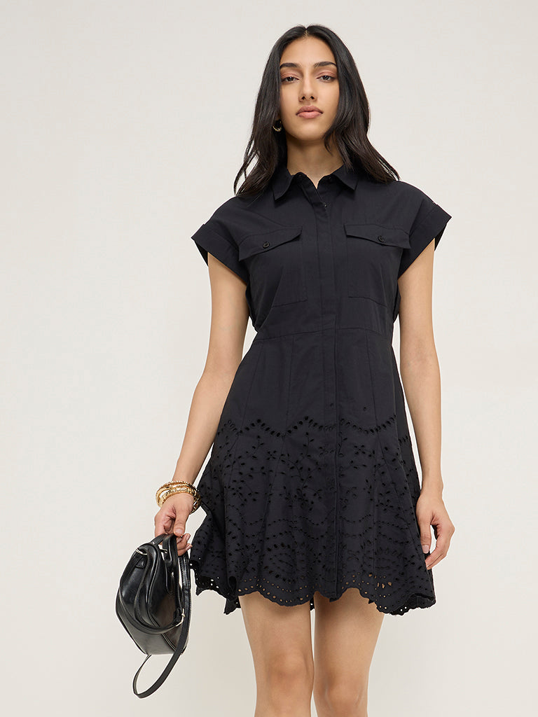 LOV Black Schiffli Design Cotton Shirt Dress