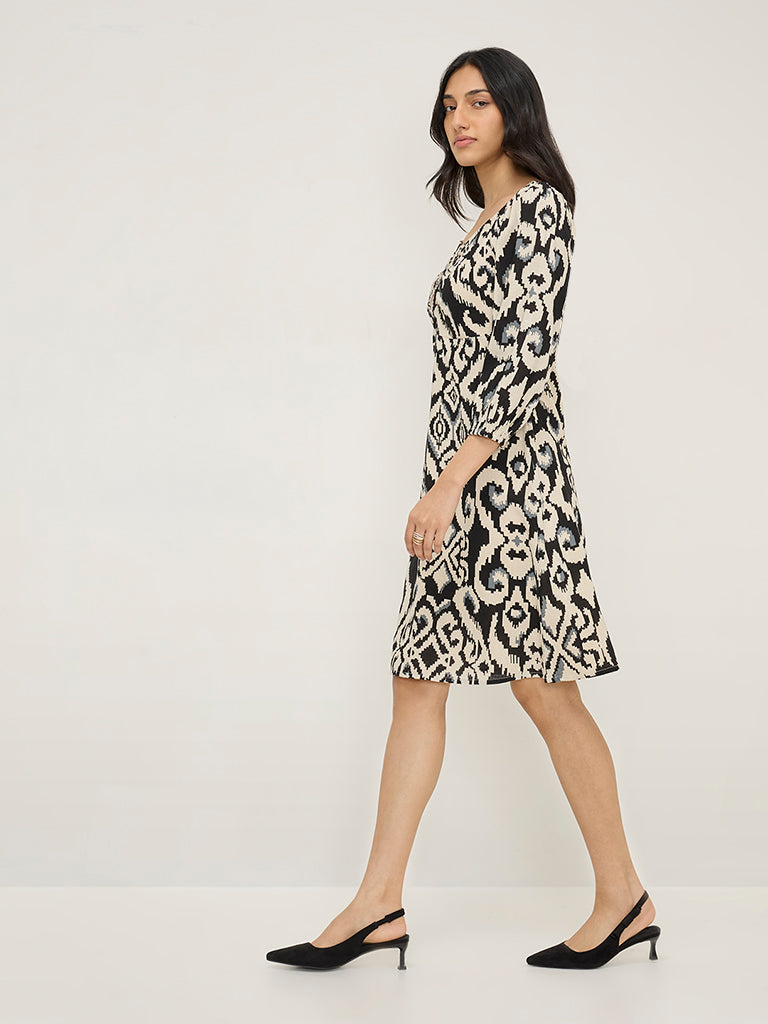 LOV Black Ikat Design Cotton-Blend A-Line Dress