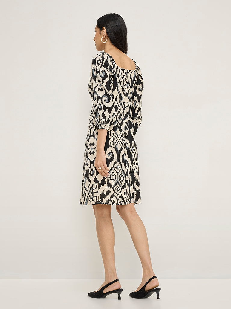 LOV Black Ikat Design Cotton-Blend A-Line Dress