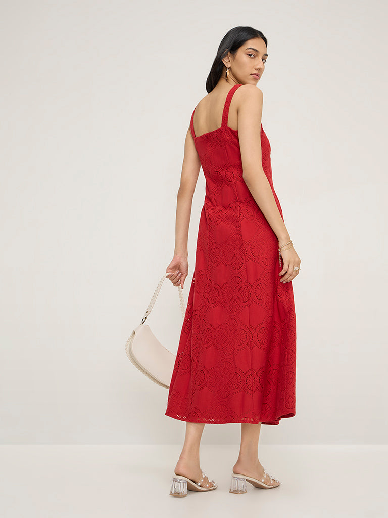 LOV Red Lace Design Cotton-Blend A-Line Dress
