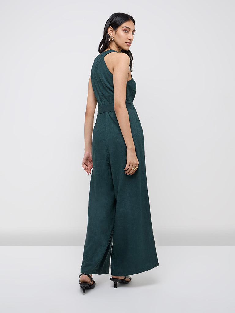 LOV Dark Green Solid Jumpsuit with Belt