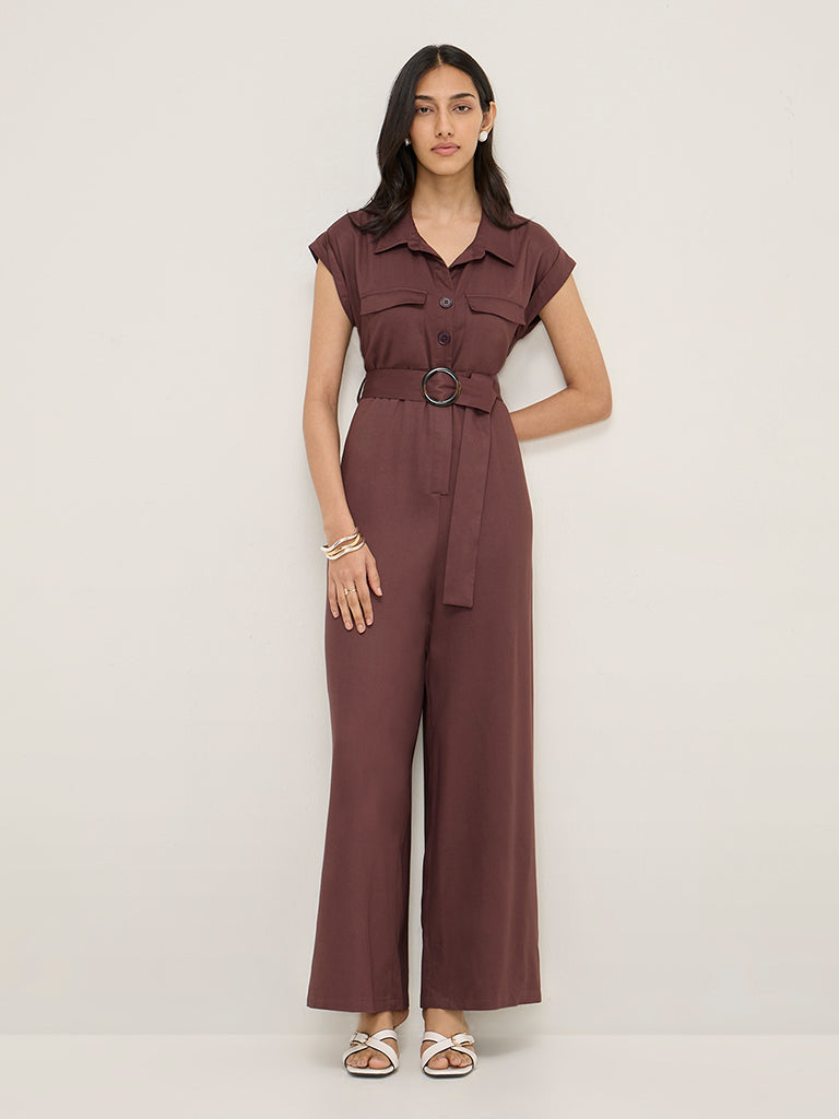 LOV Brown Belted Cotton Jumpsuit with Belt - Main Image