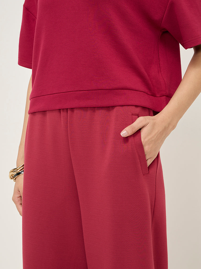 LOV Red Solid High-Rise Track Pants