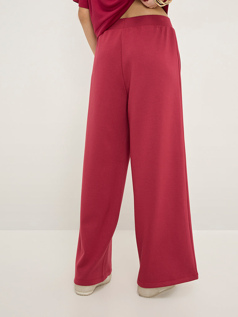 LOV Red Solid High-Rise Track Pants
